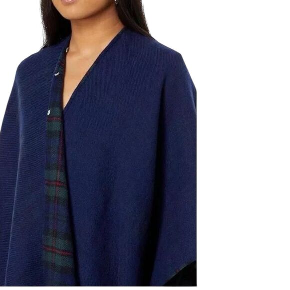 Ralph Lauren Shawl OS Green Tartan Plaid Reversable Ruana Blue Fax Fur Collar - Picture 7 of 12